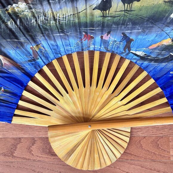 60 x 35 VTG Large Asian Fan Hanging Wall Décor HandPainted Village Mountain Lake - Picture 2 of 13